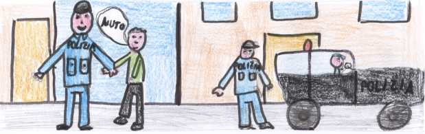disegno di un bambino che chiede aiuto a un poliziotto