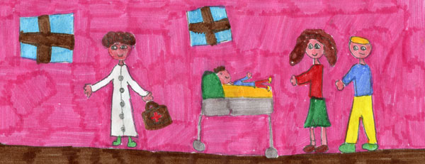 disegno di un bambino all'ospedale con i suoi genitori e il dottore